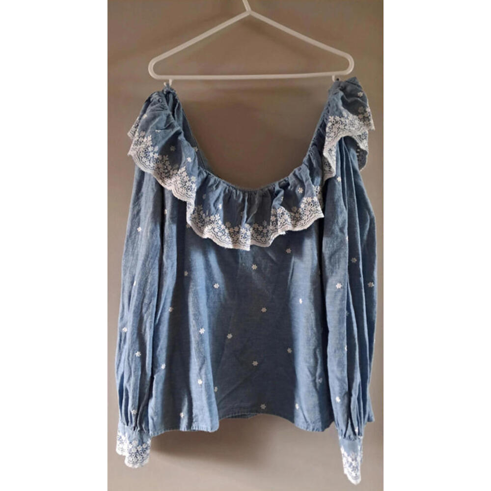 EUC Sezane off the shoulder embroidered long sleeve top